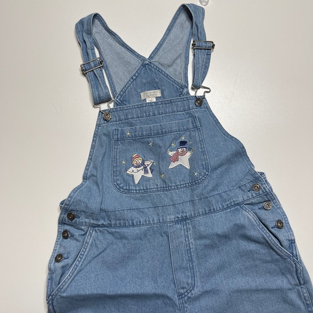 Christopher & Banks Bib Overalls Denim BLue Jean Embroidered Snowman Medium - Picture 10 of 10